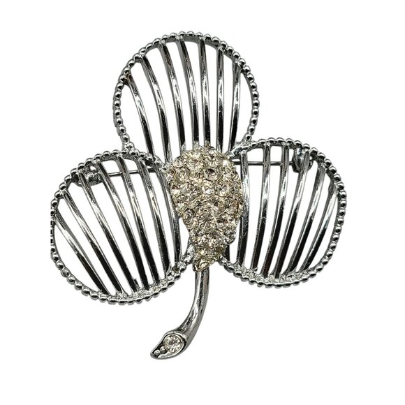 Paved Center 3 Leaf Clover Brooch Silver Tone Open Metal Work Clear Rhinestone - Picture 1 of 8